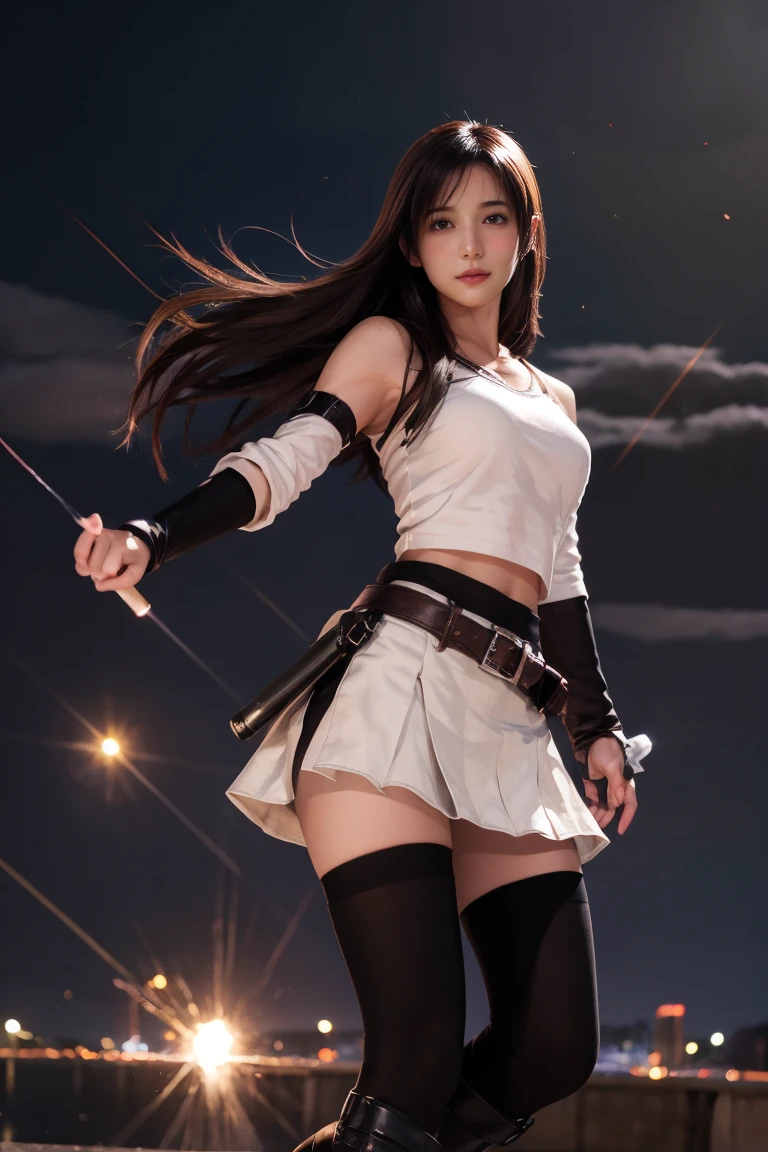 Tifa Lockhart, , night, Light Particles, Light, Side Light, thigh, skirt, Red Eyes, Brown hair, , Sleeves，whole body，Uniforms，Mid-barrel boots，Black socks