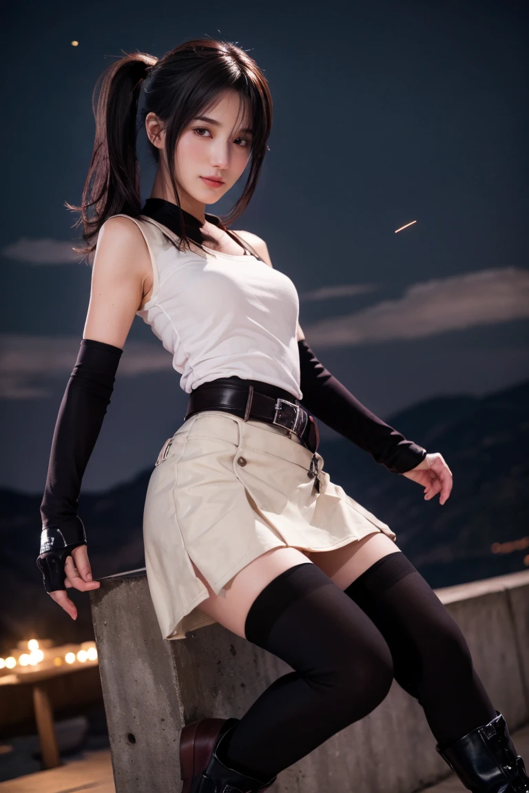 Tifa Lockhart, , night, Light Particles, Light, Side Light, thigh, skirt, Red Eyes, Brown hair, , Sleeves，whole body，Uniforms，Mid-barrel boots，Black socks