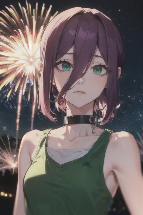 (highest quality)、(highest quality)、cut、chainsaw man、cute、(choker).eyes are emerald、her hair is purple、short bob、beautiful night...