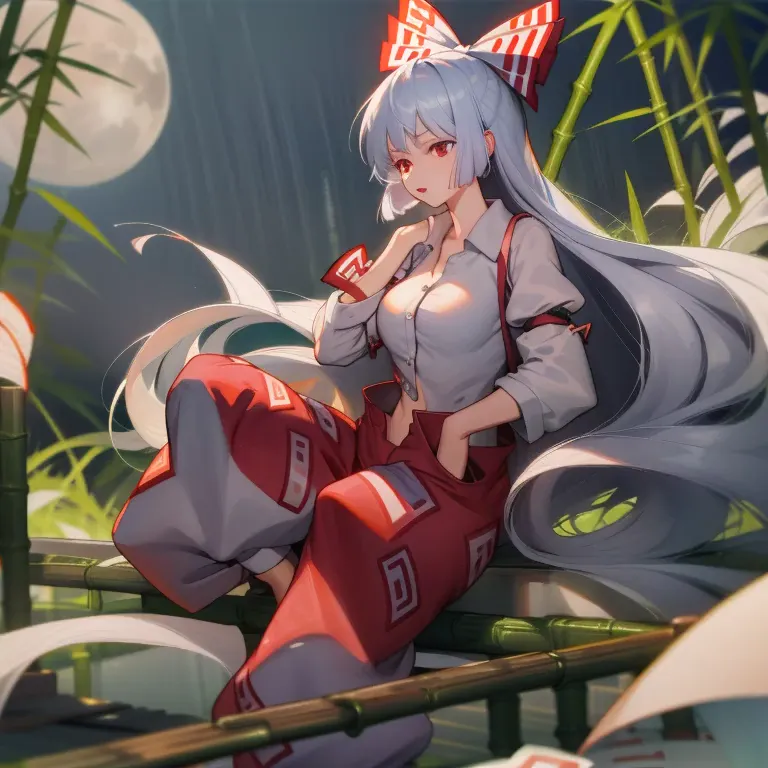 fujiwara no mokou(from touhou) in bamboo forest. she has big tits. she has white hair, red eyes. she's wearing a white shirt, si...