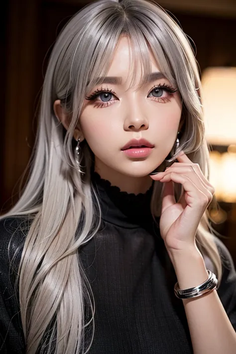 black gal style woman、(tan skin:1.4)、long silver hair、big eyes with crispness、matte base makeup、heavy eye makeup、white highlight...