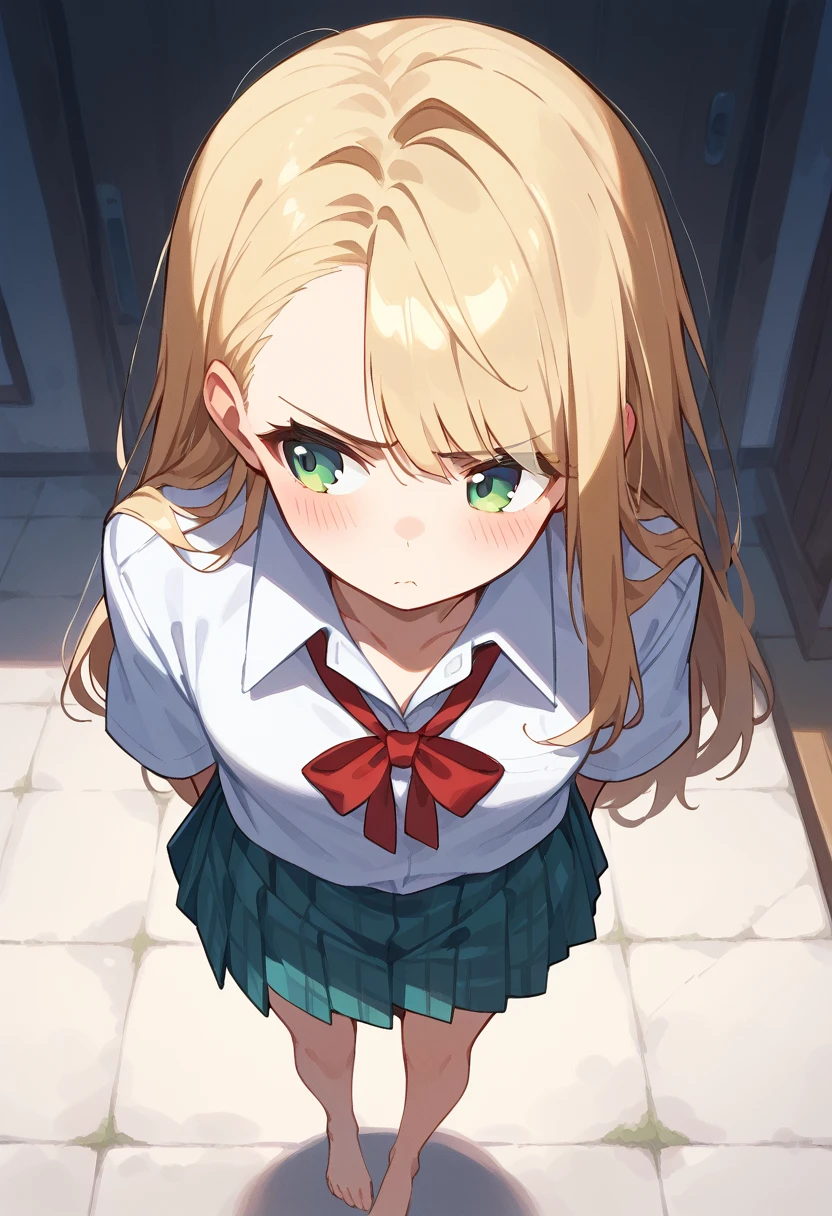 masterpiece, (score_9,score_8_up,score_7_up,score_6_up), 1 girl, green eyes, little sassy, skinny, tsurime, asymmetrical bangs, long hair, (blond hair:1.3), ruffling hair(1.2),pout, (school uniform), (white collared shirt, plain pattern shirt, short sleeves, shirt tucked in:1), (red plain pattern narrow neck ribbon:1.1), bare feet, thigh, teeth, blush, sulking, look away, from above,