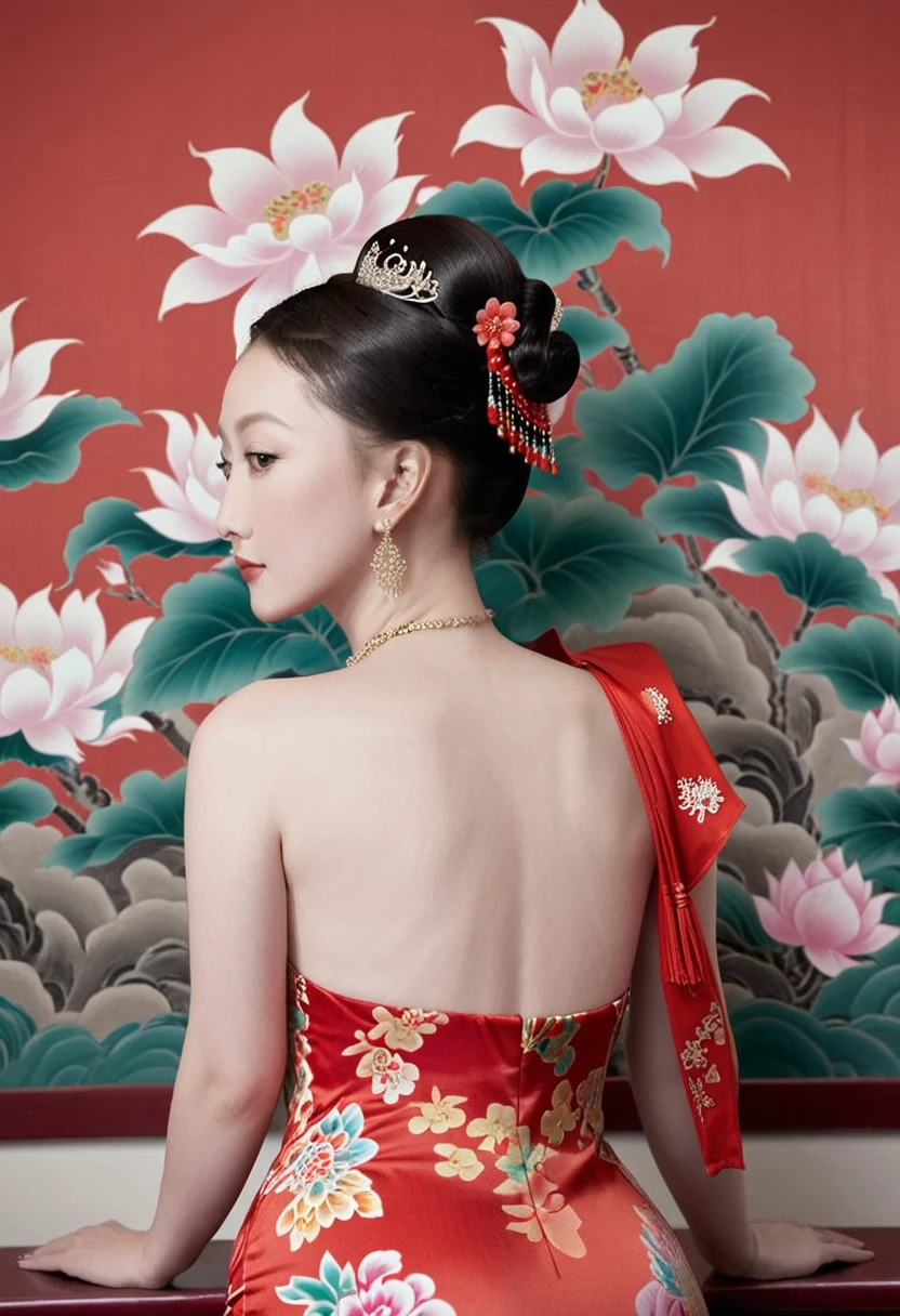 The empress of the Qing Dynasty is wearing a red floral patterned dress, posing naked with her buttocks exposed in profile in the Qing Dynasty palace.