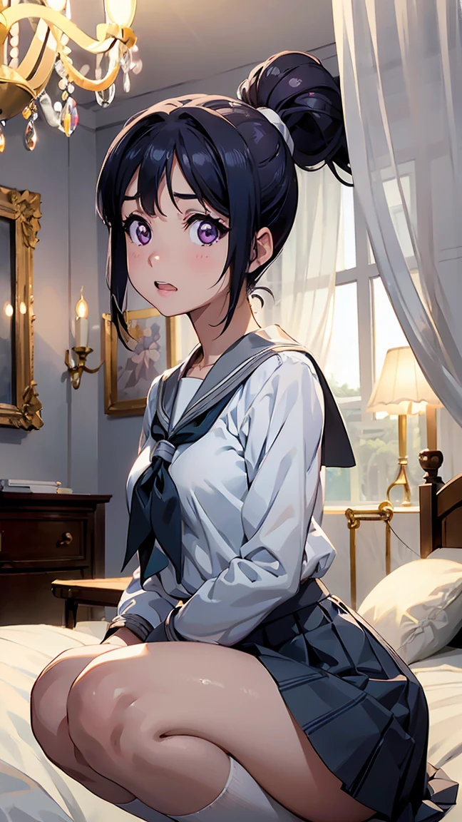 kanan matsuura, blue hair, long hair, ponytail, (purple eyes:1.1), sidelocks,aqua neckerchief, grey sailor collar, grey skirt, miniskirt, neckerchief, pleated skirt, sailor collar, sailor shirt, school uniform, serafuku, shirt, skirt, summer uniform, uranohoshi school uniform, white shirt,- --slender girl 1, medium bust, view from below, pure white panties are visible, (from below: 1.2), (squatting: 1.2), white panties, hands behind head, view from below, white panties, ((beautiful pure white panties 1.5)), ((beautiful pure white bra 1.5)), beautiful legs, (cowboy shot), (8K, raw, best quality, real 1.2), ultra high definition, high resolution, best quality, perfect face, perfect limbs, perfect fingers, high resolution, (beautiful anime face, cute face, detailed face), (bewildered: 1.3), (embarrassed: 1.3), (slightly surprised expression: 1.3), lying on bed, cowboy shot, miniature human hands, (((medium bust 1.3)))), (((slender thighs 1.3)))), pure white chalk interior, pure white marble interior, ((Pure white bedroom like a Western castle: 1.5))), ((Luxurious pure white canopy bed: 1.4)), (((Chandelier: 1.4))), ((Pure white bed 1.5)), ((Beautifully decorated bedroom 1.5)), ((Modern style bedroom 1.5)), perfect anatomy, perfect proportions, nice lighting, bright colors, clean lines, information, blurred, stunning facial expression, restless emotions, gorgeous and pretty, beautiful face and eyes in every detail, (masterpiece) beautiful face, young and handsome girl, really perfect skin, blurred, stunning facial expression, restless emotions, gorgeous and pretty, beautiful face and eyes in every detail, (Audrey Hepburn), (cute), (J-POP idol), (thighs, (depth of field), (depth of field), soft light, glittering lens gaze, (droopy eyes), straight teeth, shy smile, flowing hair, a scene from Blake's movie,