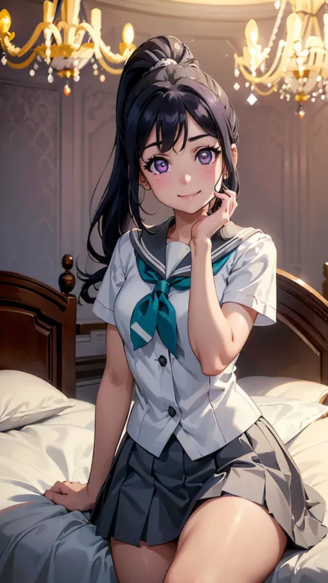 kanan matsuura, blue hair, long hair, ponytail, (purple eyes:1.1), sidelocks,aqua neckerchief, grey sailor collar, grey skirt, m...