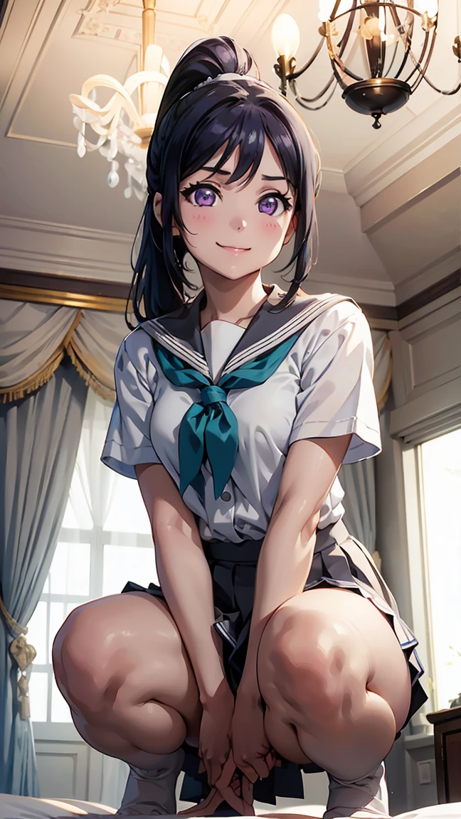 kanan matsuura, blue hair, long hair, ponytail, (purple eyes:1.1), sidelocks,aqua neckerchief, grey sailor collar, grey skirt, miniskirt, neckerchief, pleated skirt, sailor collar, sailor shirt, school uniform, serafuku, shirt, skirt, summer uniform, uranohoshi school uniform, white shirt,- --Slender girl 1, medium breasts, view from below, pure white panties are visible, (from below: 1.2), (squatting: 1.2), white panties, Hands clasped behind head, view from below, white panties, ((beautiful pure white panties 1.5)), ((beautiful pure white bra 1.5)), beautiful legs, (cowboy shot), (8K, raw, highest quality, real 1.2), Ultra High Quality, High Resolution, Best Quality, Perfect Face, Perfect Limbs, Perfect Fingers, High Resolution, (Beautiful Anime Face, Cute Face, Detailed Face), Joyful Smile, Smiling Expression, Lying on Bed, Cowboy Shot, Miniature Human Hand, (((Medium Bust 1.3))))), (((Slender Thighs 1.3)))), Pure White Chalk Interior, Pure White Marble Interior, ((Pure White Bedroom Like Western Castle: 1.5))), ((Luxurious Pure White Canopy Bed: 1.4)), (((Chandelier: 1.4))), ((Pure White Bed 1.5)), ((Beautifully Decorated Bedroom 1.5)), ((Modern Style Bedroom 1.5)), perfect anatomy, perfect proportions, nice lighting, bright colors, clean lines, information, blurred, stunning expressions, restless emotions, gorgeous and pretty, beautiful face and eyes with every detail, (masterpiece) beautiful face, young and handsome girl, really perfect skin, blurred, stunning expressions, restless emotions, gorgeous and pretty, beautiful face and eyes with every detail, (Audrey Hepburn), (cute), (J-POP idol), (thighs, (depth of field), (depth of field), soft light, sparkling lens gaze, (droopy eyes), straight teeth, shy smile, fluttering hair, a scene from Blake's movie,