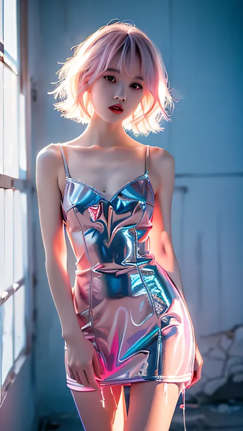 xuer hologram laser dress, ((hit the knee)),（masterpiece、highest quality、high resolution），((practical)),（colored background)，（co...