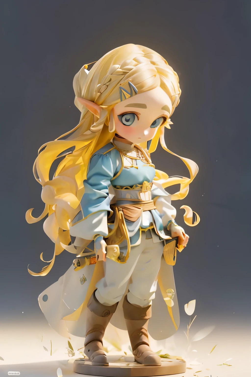 (Full body standing painting), solo, tmasterpiece，best qualtiy，8k, Clearandcleanbackground, microclose-up, 01wawa, 1girll, solo, Princess Zelda, Blue eyes, blue clothes, blonde hair, long detailed hair, brown boots (perfect detail eyes:1.2), (High quality:1.2), (High detail:1.2), (Masterpiece:1.2), (Extremely detailed:1.2), illustration,paint brushes, solo, (white background), simple backgound, Masterpiece, Best quality, illustration, , beautiful detailed glow, Beautiful detailed eyes, midriff, big forhead, tchibi, A full-body masterpiece， Best quality at best