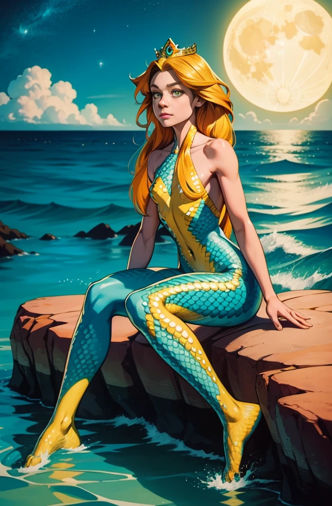 A young half-human, half-fish mermaid with a colorful scaly tail and yellow slanted eyes., and long colored hair, she is sitting on a rock holding a princess crown. In the background the sea and the moon