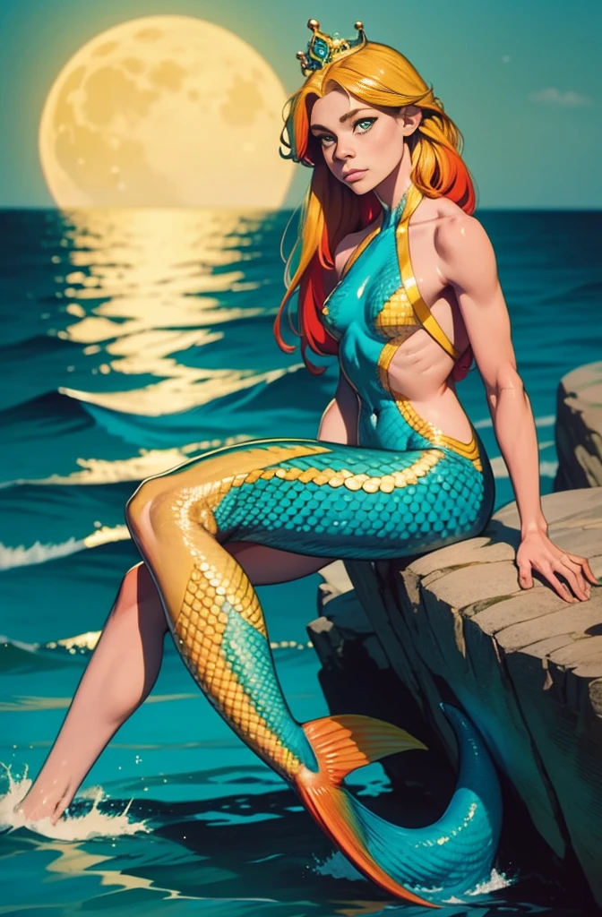 A young half-human, half-fish mermaid with a colorful scaly tail and yellow slanted eyes., and long colored hair, she is sitting on a rock holding a princess crown. In the background the sea and the moon