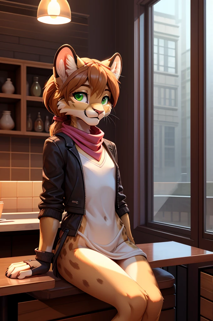 Beautiful, anthro lioness, perfect lighting, highly detailed CG Unity 8k wallpaper, high resolution, perfect lighting, youthful, tall, slim, skinny, frail slender figure, slim legs, distinctly feminine figure, narrow hips, long legs, close-up shot.

Anthropomorphic cat character, CG Unity, youthful, tall, slim, beautiful feminine figure, narrow hips, fluffy fuzzy volumetric calico fur, layered outfit with a cropped jacket, striped scarf, fingerless gloves, tousled ears twitching as she adjusts her whiskers with delicate fingers, bright green eyes, sitting at a café table, sunlight streaming through the window, gently wiping her nose with a soft handkerchief, relaxed smile, feminine and charming.