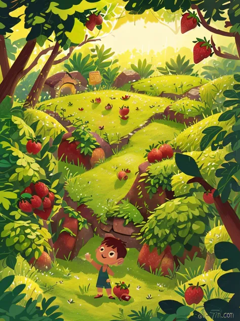 nara is a girl, she is in her garden, picking ripe strawberries. she’s surrounded by lush green leaves, vibrant red strawberries...