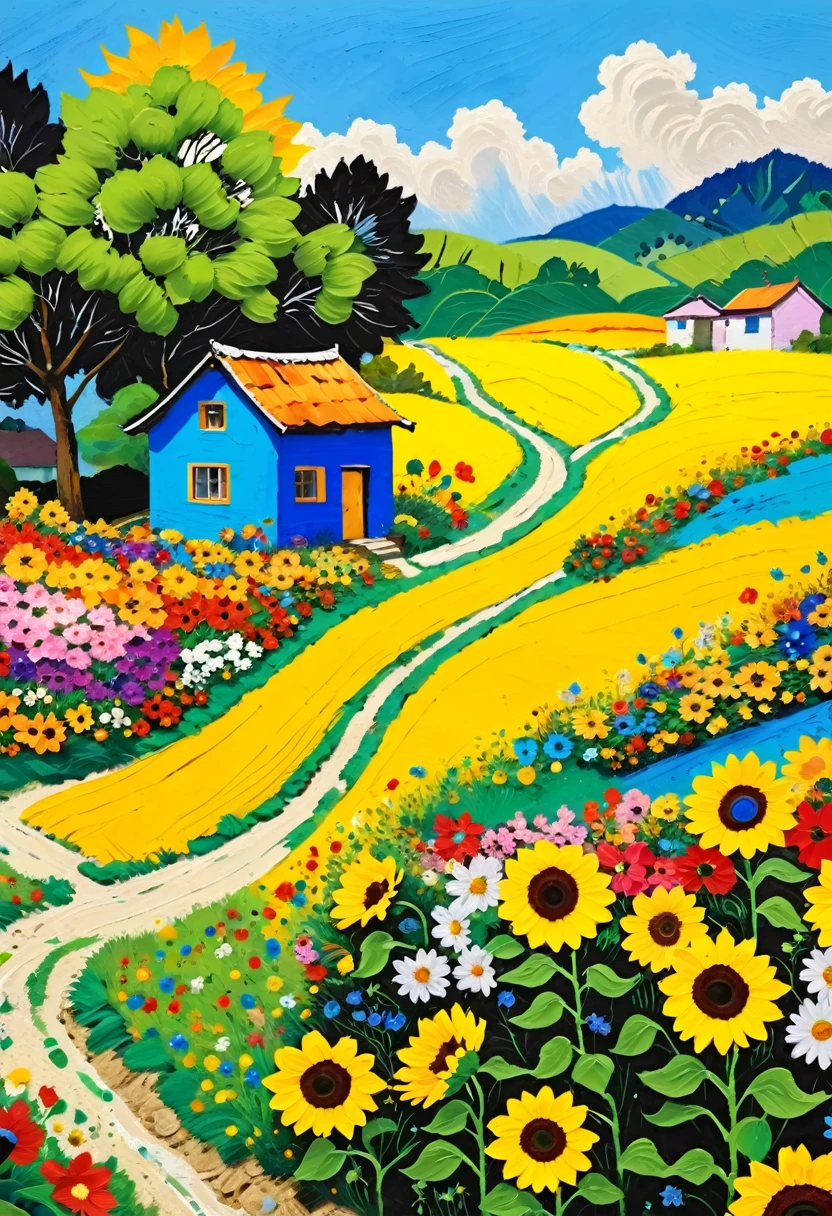 A painting：(((Colorful black，Chalk painting，Oil stick painting，flight，Thick coating，Uneven texture，Plaster texture，Graffiti)))。，The winding path leads to the small house，Sunflowers on the roadside，Vibrant gouache landscape, Colorful scene, colorful、Rich in details, Colorful artwork, Landscape Art Detail, spring, Inspired by Tomokazu Matsuyama, joy
