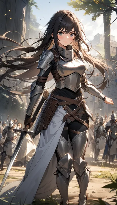 ultra-high definition image quality、beautiful girl、woman warrior、female swordsman、light armor、silver boots、long hair、knight&#39;...