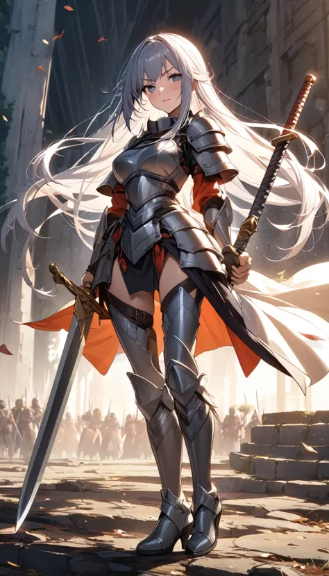 ultra-high definition image quality、beautiful girl、woman warrior、female swordsman、light armor、silver boots、long hair、knight&#39;...