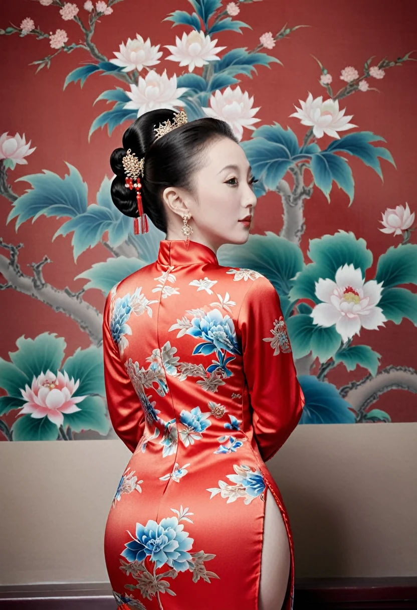 The empress of the Qing Dynasty is wearing a red floral patterned dress, posing naked with her buttocks exposed in profile in the Qing Dynasty palace.