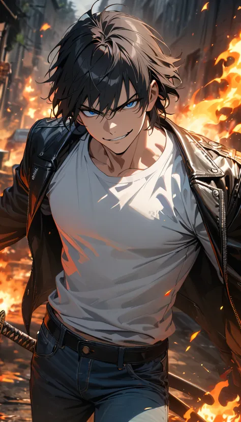 adult guy, short black hair, blue eyes, black leather jacket, white t-shirt, jeans, katana, fire, smirk, kusanagi clan, masterpi...