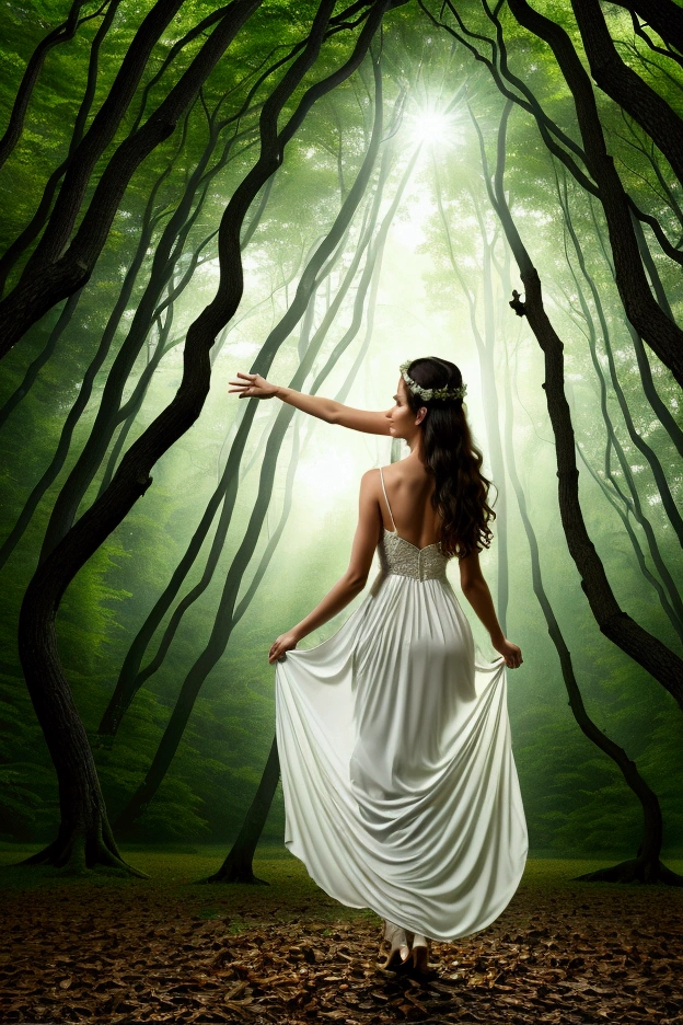 In a moonlit forest, a man discovers a nymph dancing among the trees. Her outfit, crafted from leaves, vines, and sheer fabric, hugs her form as she moves with grace. The glow of fireflies surrounds them, creating a magical atmosphere as they lock eyes and the forest itself seems to come alive.