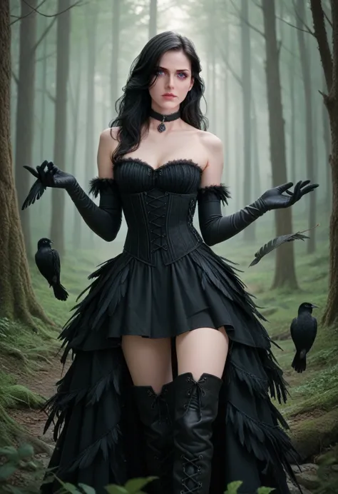 yennefer, in forest, long hair, black hair, purple eyes, scarf, black dress, bare shoulders, feathers, thighhighs, gloves, boots...