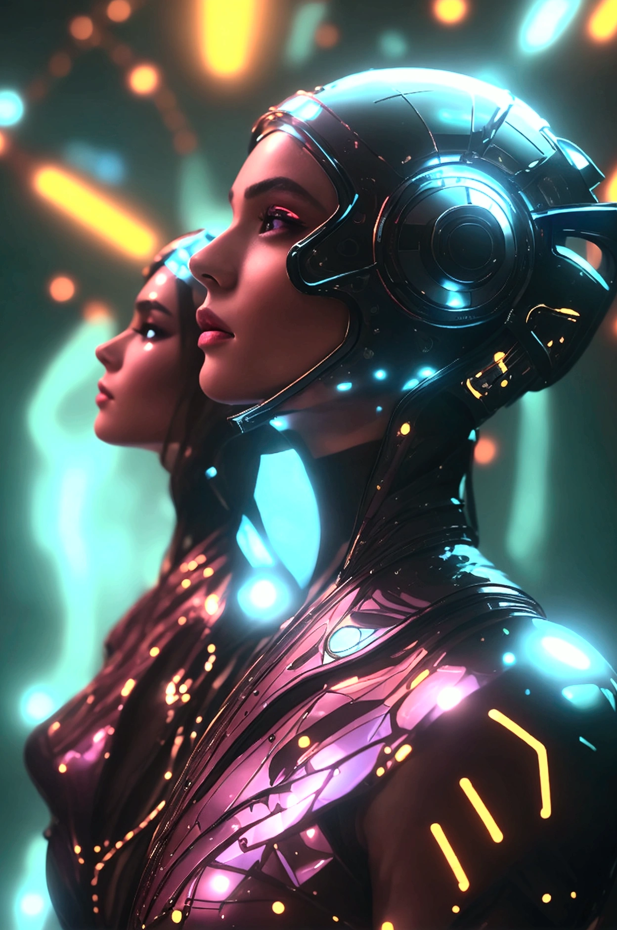 In a futuristic, neon-lit world, a man is guided to a hidden sanctuary where a woman in a homemade cosmic guardian outfit awaits. Her costume, a mix of metallic and glowing fabrics, clings to her form as she watches over the galaxy. The stars seem to dance in her eyes as she motions for him to join her in protecting the universe.