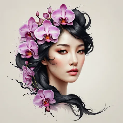 modern minimalist art，（close-up of woman with orchid tattoo on neck）,this woman has a beautiful face，black hair long，（orchid tat...