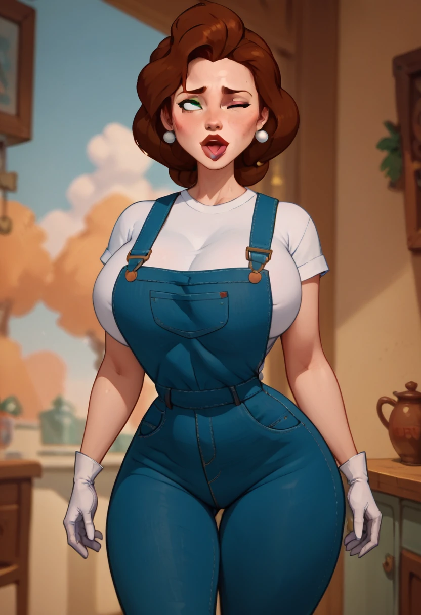 Annie Hughes Mom, mature woman, Caucasian, pale skin, wide hips, thick thighs, large bust, huge breasts, reddish hair, green eyes, build, earrings, white gloves, ahegao, wink, of course, blue jean overalls, shirt white, tight clothing