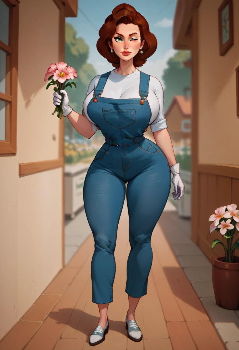 Annie Hughes Mom, mature woman, Caucasian, pale skin, wide hips, thick thighs, large bust, huge breasts, reddish hair, green eyes, build, earrings, white gloves, wink, blue jean overalls, white shirt, tight clothing, holding some flowers, full body, full view