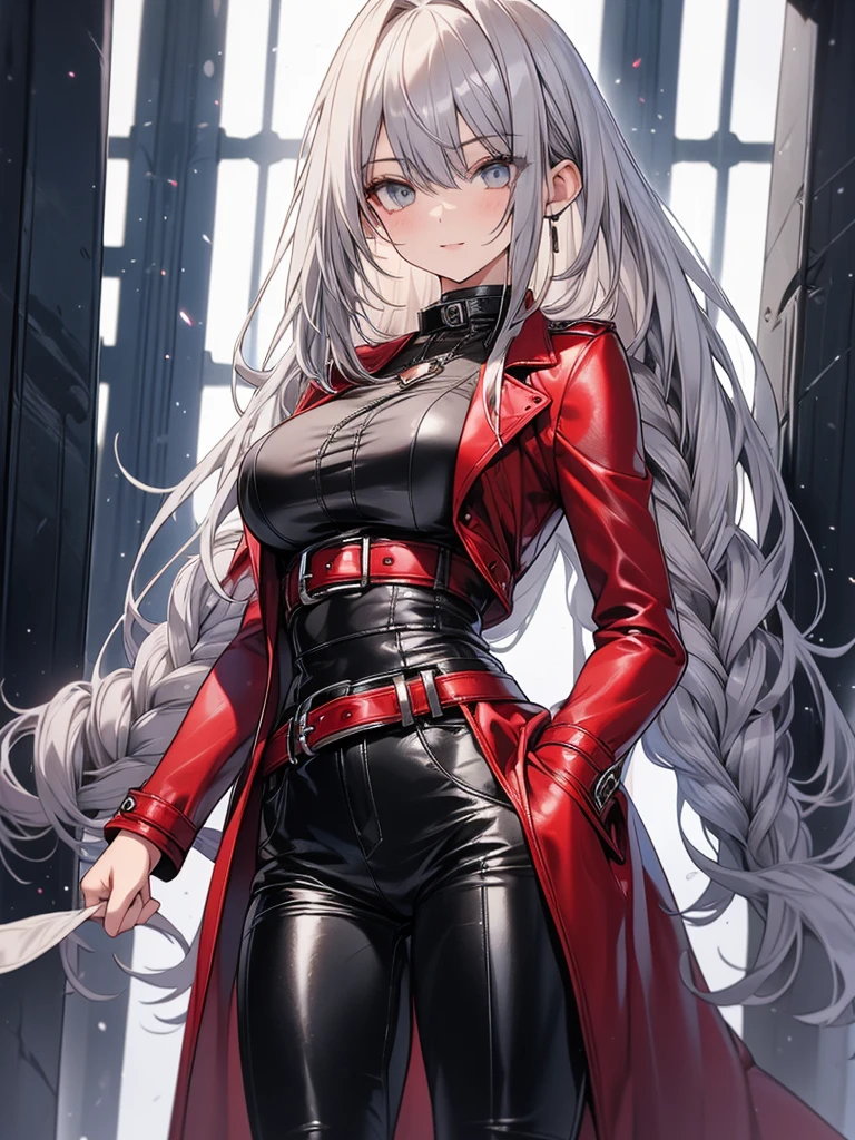 (mature woman１name), (silver hair, long hair:1.3), green colored eyes, (medium breasts), (red leather long coat), belt, pants, office, masterpiece, high quality, 