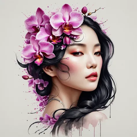 modern minimalist art，（close-up of chinese woman with orchid tattoo on neck）,this woman has a beautiful face，black hair long，（de...