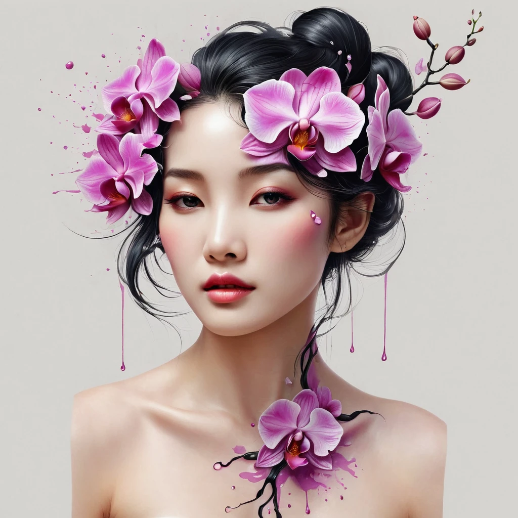 modern minimalist art，（Close-up of Chinese woman with orchid tattoo on neck）,This woman has a beautiful face，black hair long，（Detailed orchid tattoo pattern on neck：1.3），Illustrates??the one with the flowing hair，fair face， Scrawny, gorgeous eyes， elegant digital art, beautiful digital illustrations, beautiful character painting, with soft paint splashes, with some slightly dripping drops, 
