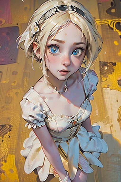 8k,Confused, High resolution, Very detailed, 1 person, alone, Very beautiful eyes, Ultra-precise depiction, Very detailed depiction, (Tangled:1.2), , (Abstract background:1.5), (Wedding dress:1.2. Short platinum blonde, (Glowing Skin), Many colors, , (Shooting from above:1.2),、Flat Body、slim、cute、、Round face、Cast a Shadow
