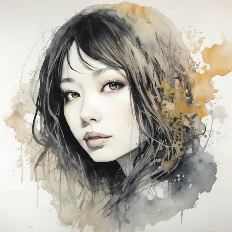 artwork:katsuya terada 、haruka fukuhara、 (vector art:1.6), minimalism、monotone、watercolor画、beautiful face girl、white background、...