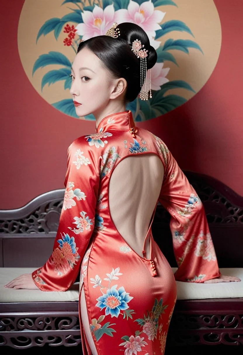 The empress of the Qing Dynasty is wearing a red floral patterned dress, completely naked, with her profile showing and her buttocks sticking out, posing in the luxurious palace of the empress of the Qing Dynasty.