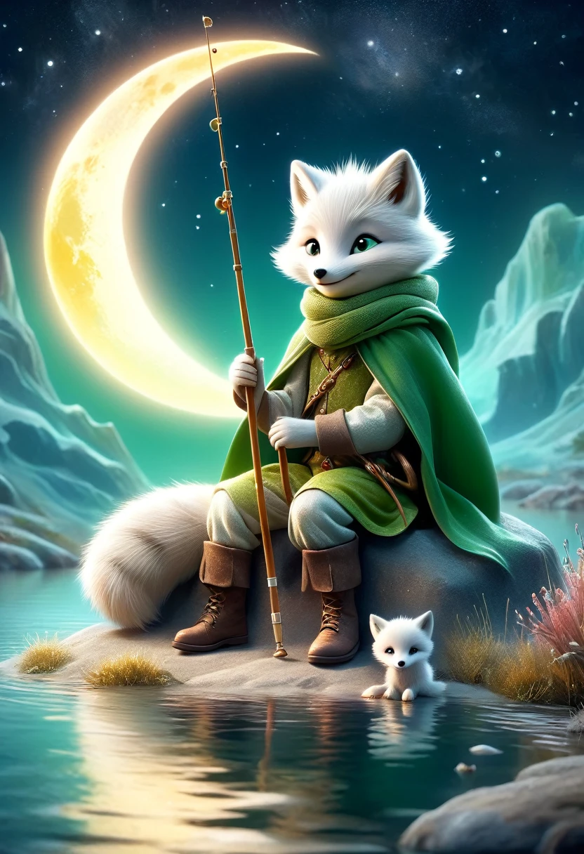 illustration，1 cute little prince wearing a scarf，Wearing a green cape，Sitting on the moon，Hand holding a fishing rod for fishing，There is an Arctic fox lying at my feet.，There is a calm lake at the bottom of the picture，Beautiful bright colors，Fairytale pictures，Light background