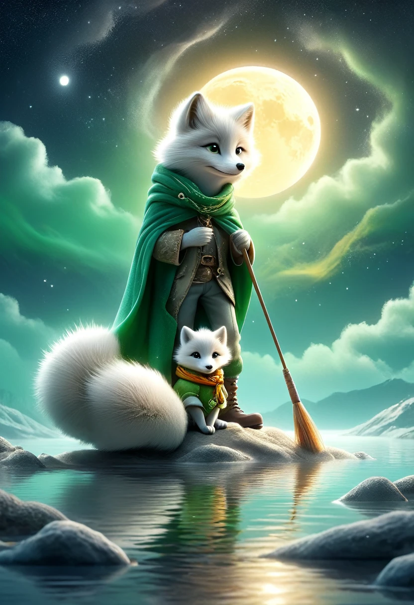 illustration，1 cute little prince wearing a scarf，Wearing a green cape，Sitting on the moon，Hand holding a fishing rod for fishing，There is an Arctic fox lying at my feet.，There is a calm lake at the bottom of the picture，Beautiful bright colors，Fairytale pictures，Light background