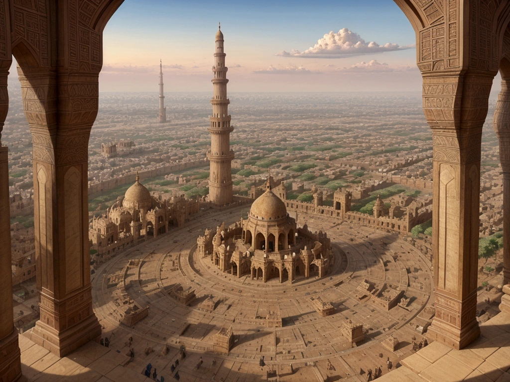 An aerial view of the bustling city of Delhi during the Sultanate period, with grand mosques, fortresses, and bustling markets. The Qutub Minar rises majestically in the background, surrounded by buildings that reflect both Persian and Indian architectural influences. The streets are filled with people of various ethnicities, dressed in traditional clothing, reflecting the diversity of the Sultanate.