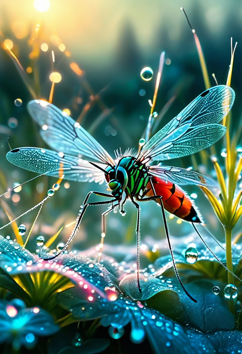 realistic detailed image, (mosquito:1.3), lilligent, [solar shimmer on dewdrops], epic, cinematic photography with sharp focus, 16k hdr, volumetric lighting, depth of fied, hyperrealism of fog and haze, vibrant colors and textures, unique examples of nature , as the artist showed, very stunning landscapes