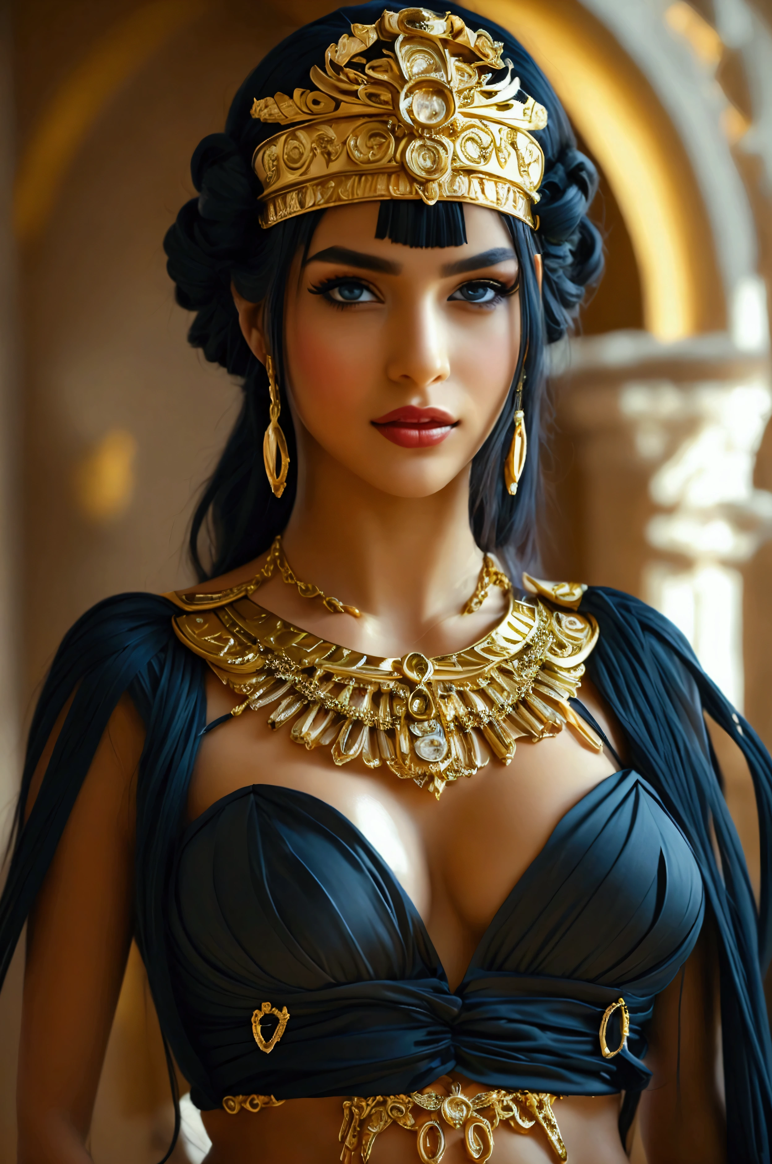 1 woman of 2, exotic  woman, (full body, American plane) beautiful, perfect dark blue hair, seductive smile, very seductive and flirtatious excited face, perfect body, extremely good, she is in front of the viewer completely with an inspired outfit in Roman culture, (black Roman toga, very sensual golden details) body chains The golden color shows off her beautiful and magnificent body, her outfit has details in gold, precious stones and very neutral colors, her exotic hairstyle makes her look like a beautiful Roman goddess, stands in a room in ancient Rome, cinematic lighting, 85mm, UHD, retina, (masterpiece, high resolution, 16k, best quality, UHD, masterpiece, textured skin, anatomically correct, super detail , high details, high quality, high resolution, 16k, best quality) (HDR:1)