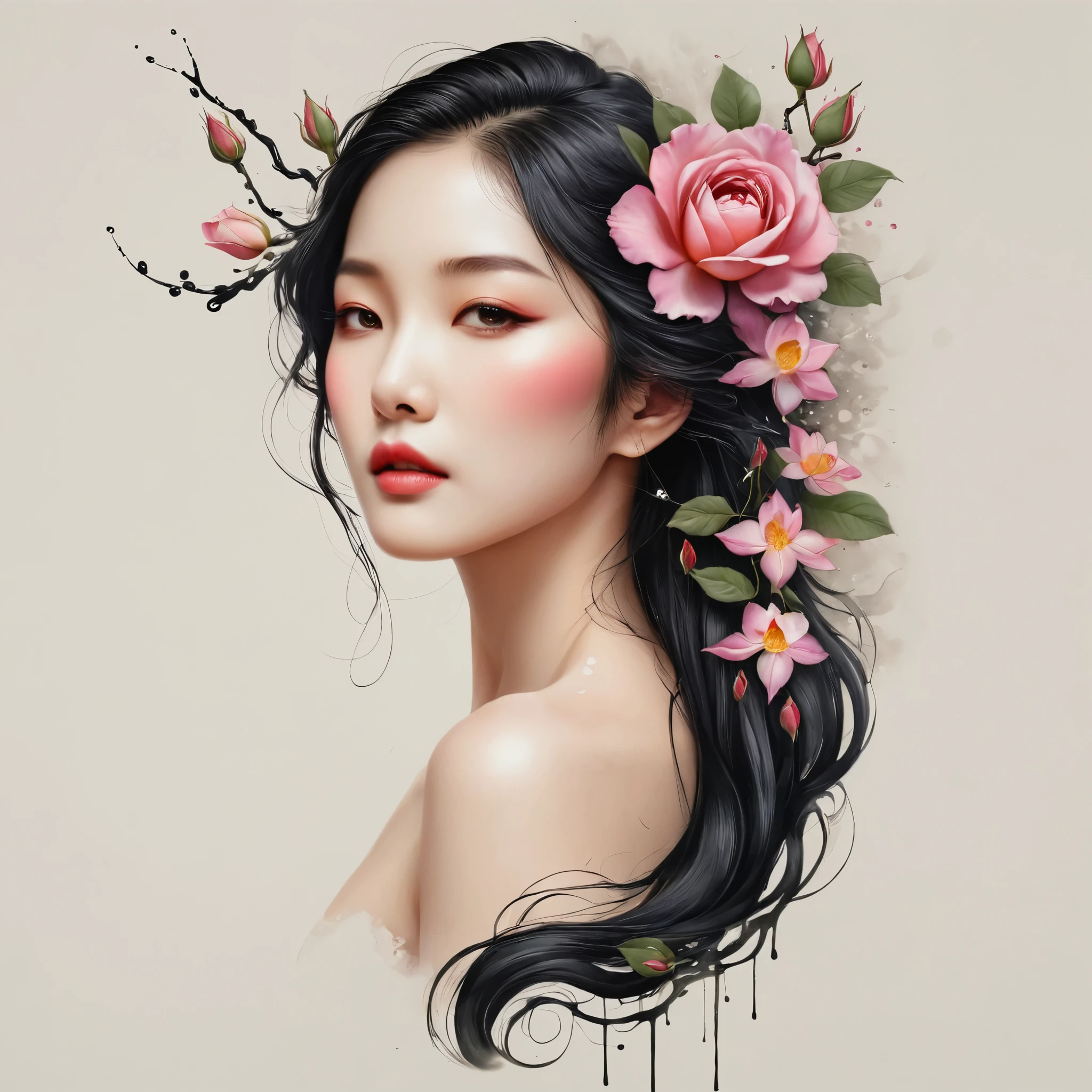 modern minimalist art，（Close-up of Chinese woman with rose tattoo on neck）,This woman has a beautiful and delicate face with long black hair.，（Detailed orchid tattoo pattern on neck：1.3），Illustrates??the one with the flowing hair，fair face， Scrawny, gorgeous eyes， elegant digital art, beautiful digital illustrations, beautiful character painting, with soft paint splashes, with some slightly dripping drops, with a high wealth of delicate details
