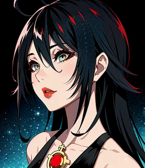 1girl in, solo, jewelry, black hair, necklace, red-lips, long hair, covered eyes, lipstick, makeup, upper-body, closed mouth, bl...