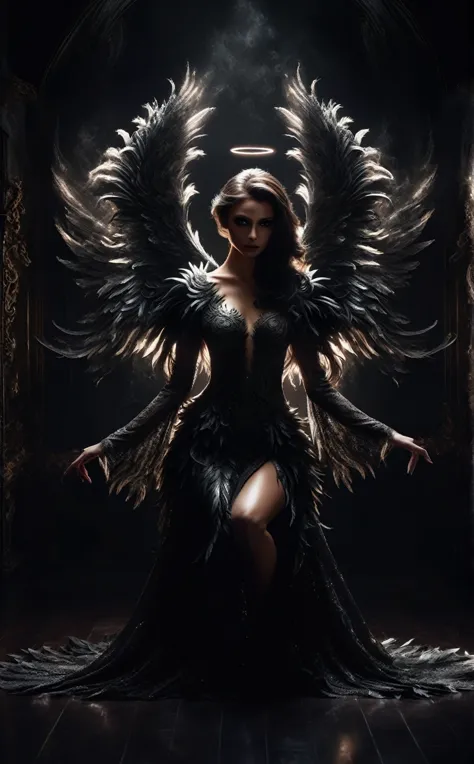 a woman in a black dress kneeling in a dark room with angel wings, dark angel, angel with black wings, portrait of a beautiful a...