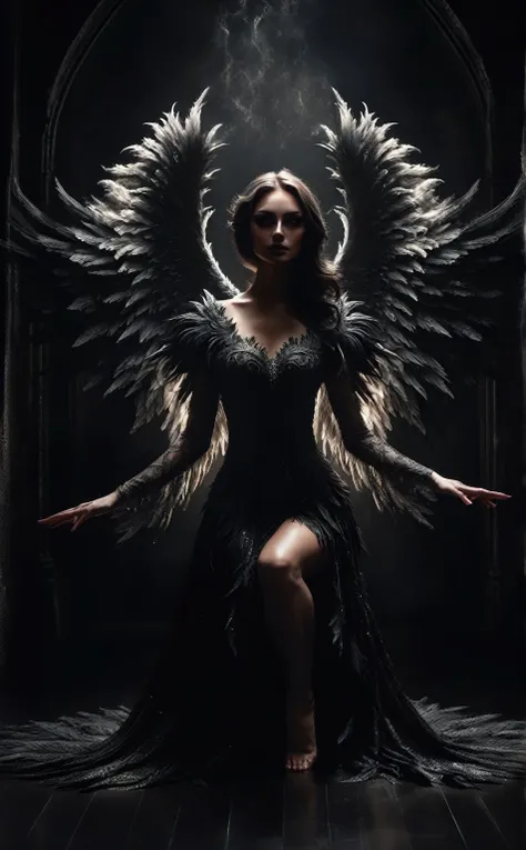 a woman in a black dress kneeling in a dark room with angel wings, dark angel, angel with black wings, portrait of a beautiful a...