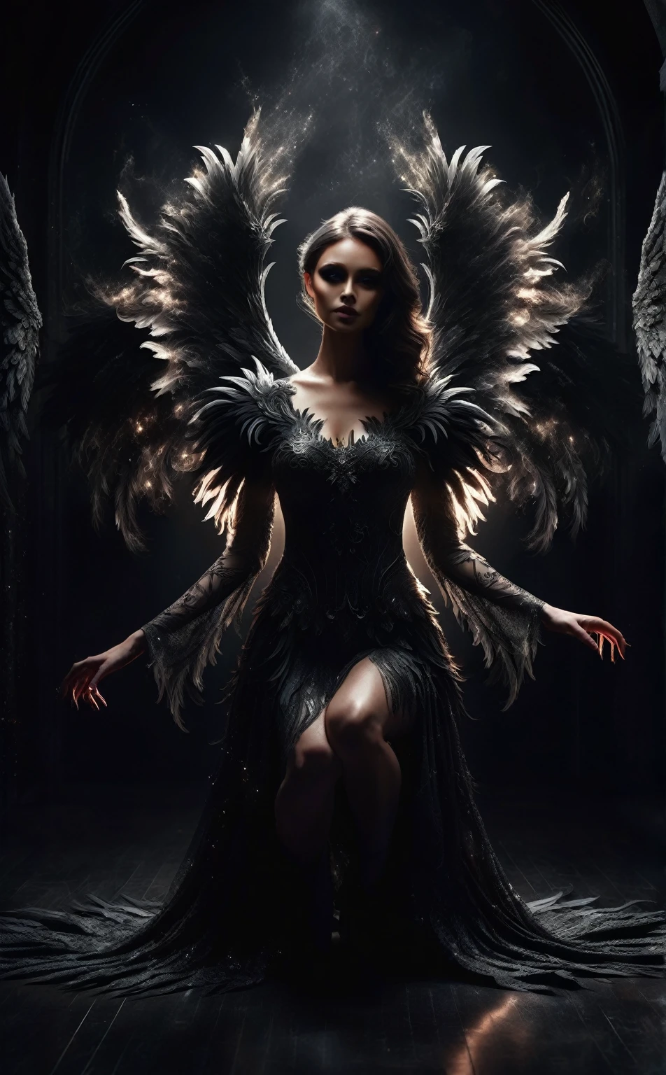 a woman in a black dress kneeling in a dark room with angel wings, dark angel, angel with black wings, portrait of a beautiful angel, portrait of the death angel, portrait of the angel of death, beautiful female angel, full - body majestic angel, angel, villainess has black angel wings, the angel of death, angel of death, of beautiful angel