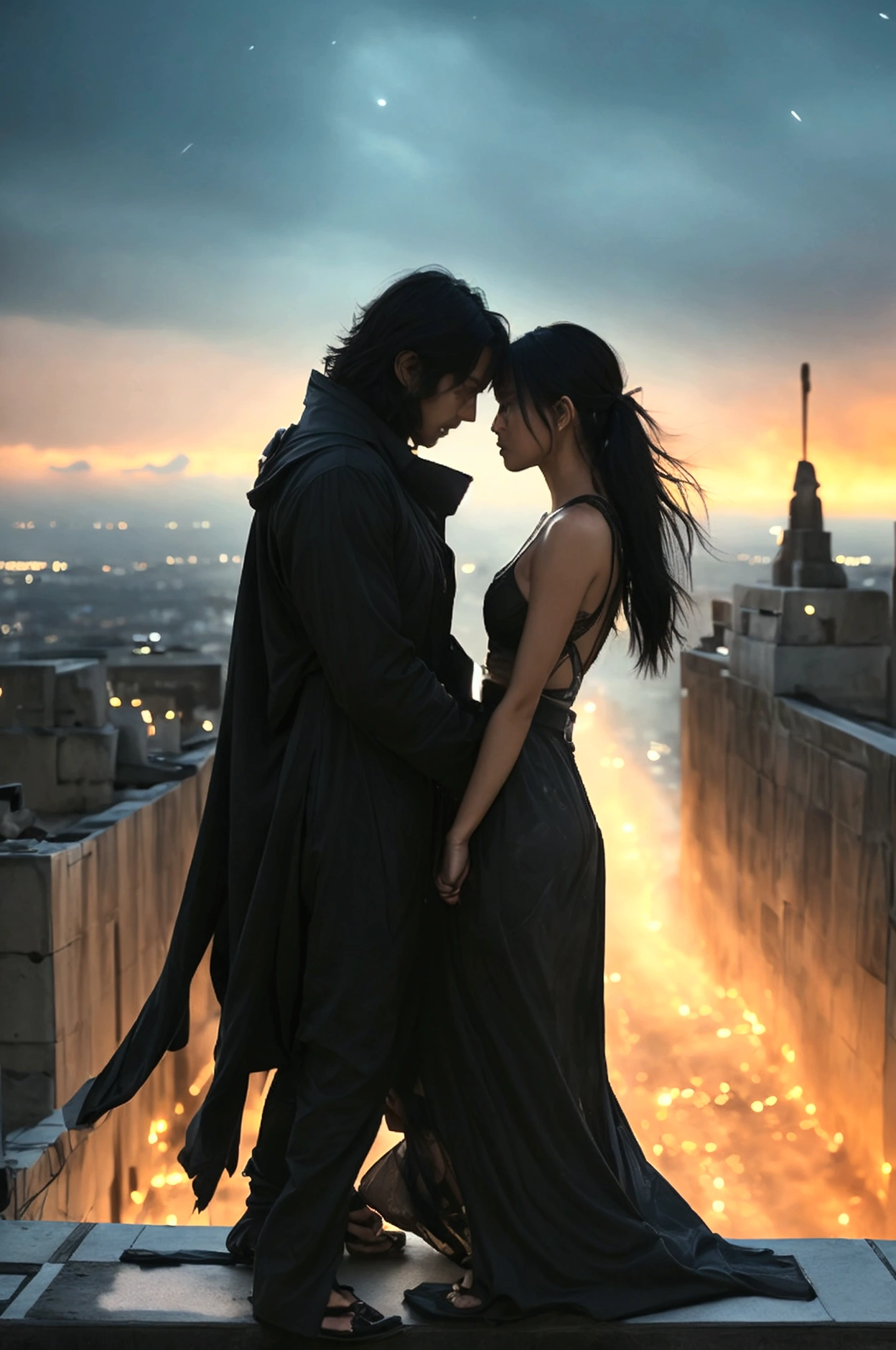 On the rooftop of a high-rise, under the cover of night, Jett and Yoru share a moment of respite from the chaos of battle. Jett’s windblown hair and Yoru’s shadowy presence create an electrifying atmosphere. As they exchange knowing glances, the tension between them reaches a breaking point, leading to a passionate, silent exchange under the stars.