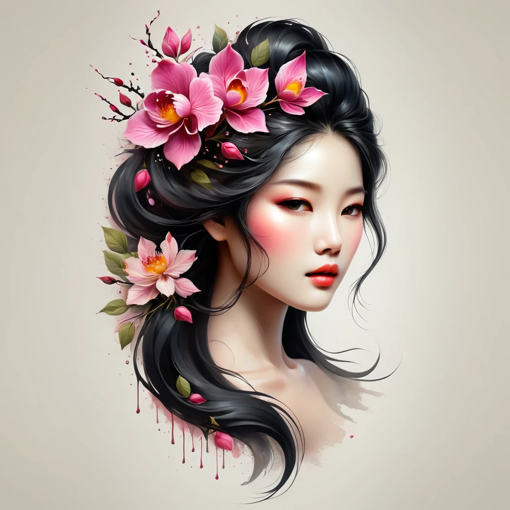 modern minimalist art，（Close-up of Chinese woman with rose tattoo on neck）,This woman has a beautiful and delicate face with long black hair.，（Detailed orchid tattoo pattern on neck：1.3），Illustrates??the one with the flowing hair，fair face， Scrawny, gorgeous eyes， elegant digital art, beautiful digital illustrations, beautiful character painting, with soft paint splashes, with some slightly dripping drops, with a high wealth of delicate details