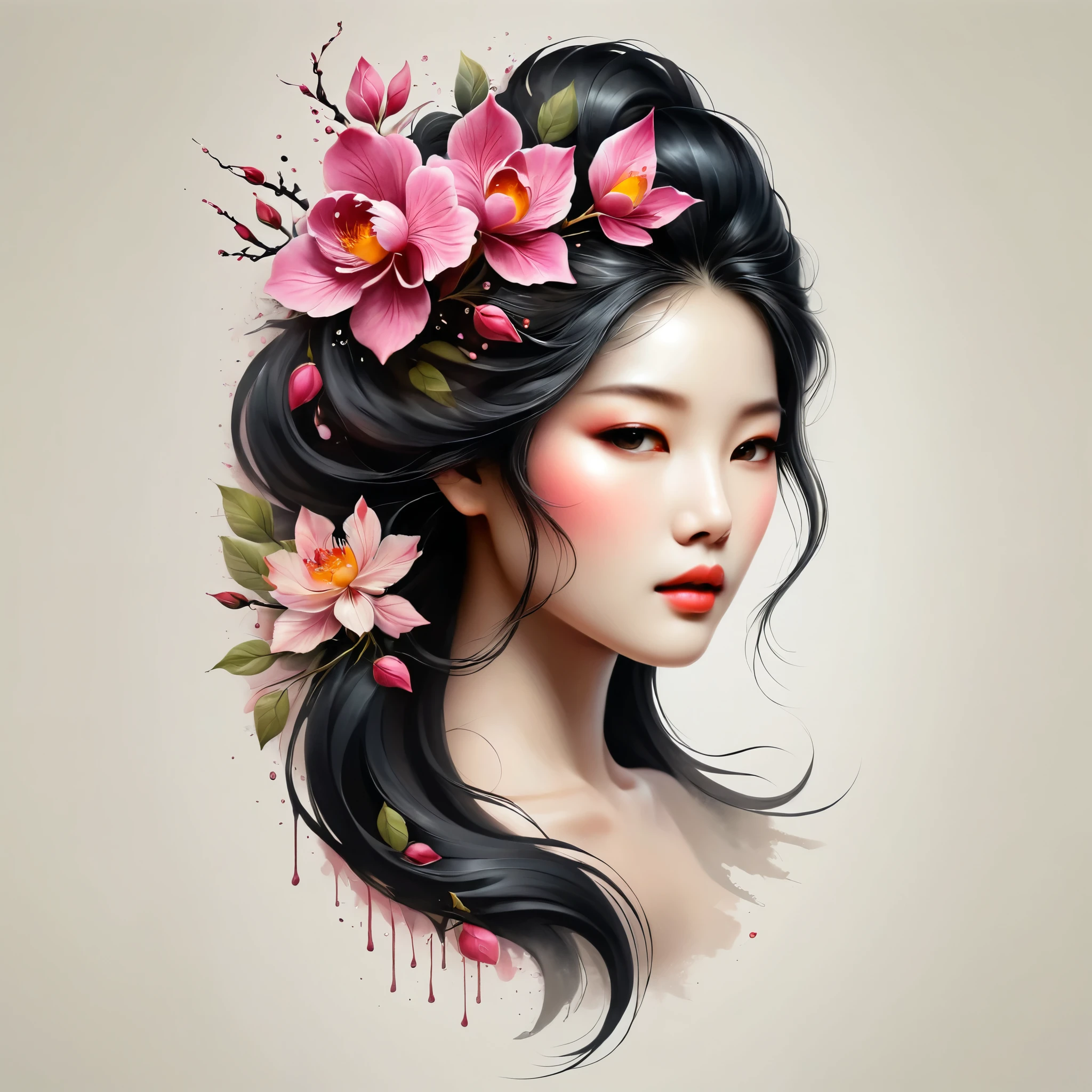 modern minimalist art，（Close-up of Chinese woman with rose tattoo on neck）,This woman has a beautiful and delicate face with long black hair.，（Detailed orchid tattoo pattern on neck：1.3），Illustrates??the one with the flowing hair，fair face， Scrawny, gorgeous eyes， elegant digital art, beautiful digital illustrations, beautiful character painting, with soft paint splashes, with some slightly dripping drops, with a high wealth of delicate details