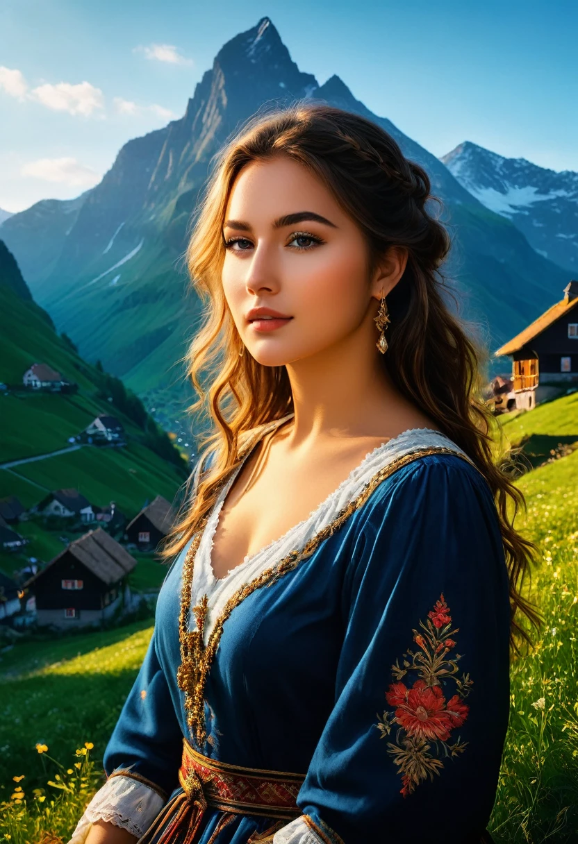 score_9, score_8_up, score_7_up, score_6_up, rating_explicit, score_9, score_8_up, score_7_up, A large majestic mountain with a village resting at its summit, a beautiful dutch girl yodeling, subsurface scattering, Photorealistic, Hyperrealistic, analog style, realistic, film photography, soft lighting, photo, cinematography, high resolution, 8k