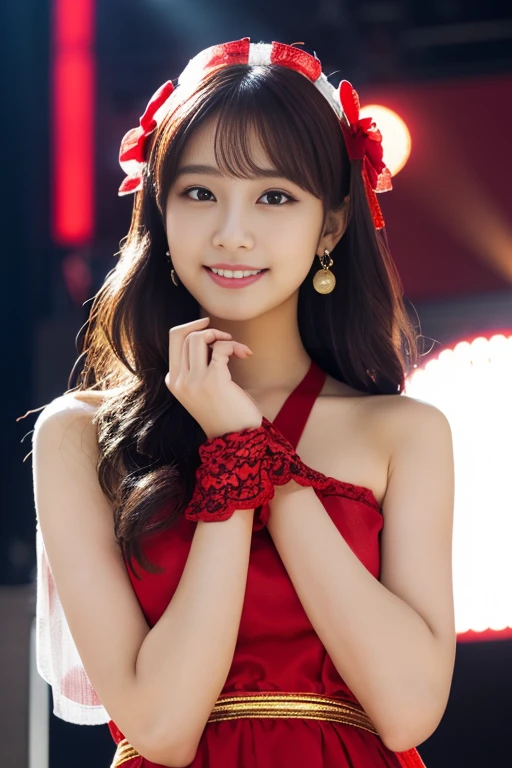 
1 girl, (Wearing a bright red idol costume:1.2), A photo book of very beautiful Nogizaka idols, 
(Raw photo, highest quality), (realistic, Photoreal:1.4), (masterpiece), 
very delicate and beautiful, very detailed, 2k wallpaper, wonderful, finely, Very detailed CG Unity 8k 壁紙, Super detailed, High resolution, soft light, 
beautiful detailed girl, very detailed目と顔, beautifully detailed nose, Finely beautiful eyes, cinematic lighting, 
(idol concert:1.4), (The background is a stage:1.3), 
complete anatomy, slender body, small, smile