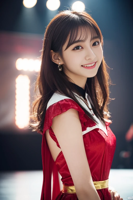 
1 girl, (Wearing a bright red idol costume:1.2), A photo book of very beautiful Nogizaka idols, 
(Raw photo, highest quality), (realistic, Photoreal:1.4), (masterpiece), 
very delicate and beautiful, very detailed, 2k wallpaper, wonderful, finely, Very detailed CG Unity 8k 壁紙, Super detailed, High resolution, soft light, 
beautiful detailed girl, very detailed目と顔, beautifully detailed nose, Finely beautiful eyes, cinematic lighting, 
(idol concert:1.4), (The background is a stage:1.3), 
complete anatomy, slender body, small, smile