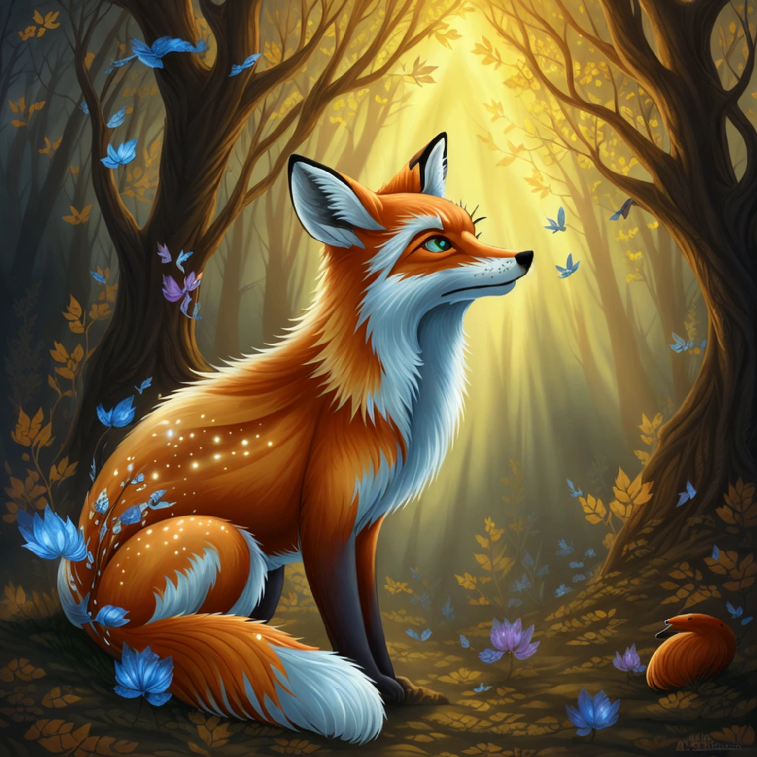  A mystical forest bathed in golden sunlight, where towering trees with luminous leaves stretch towards a twilight sky filled with swirling galaxies. Magical creatures like ethereal foxes and glowing butterflies roam the forest floor.